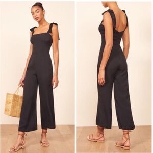 Reformation Black Crepe Tie Shoulder Sleeveless Crop Flare Fay Jumpsuit